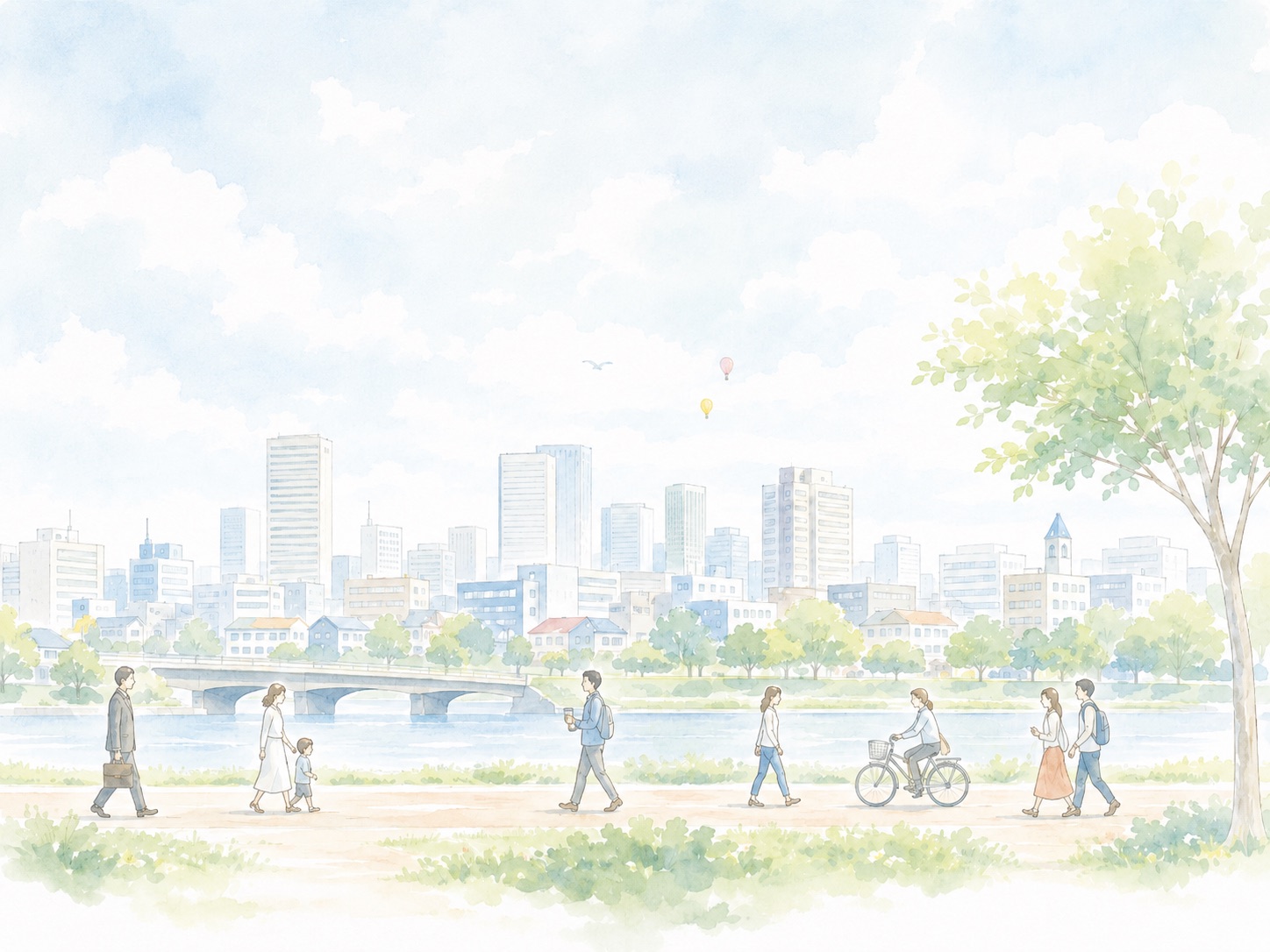 川沿いの遊歩道を歩く人々と街並みを描いたイメージイラスト
