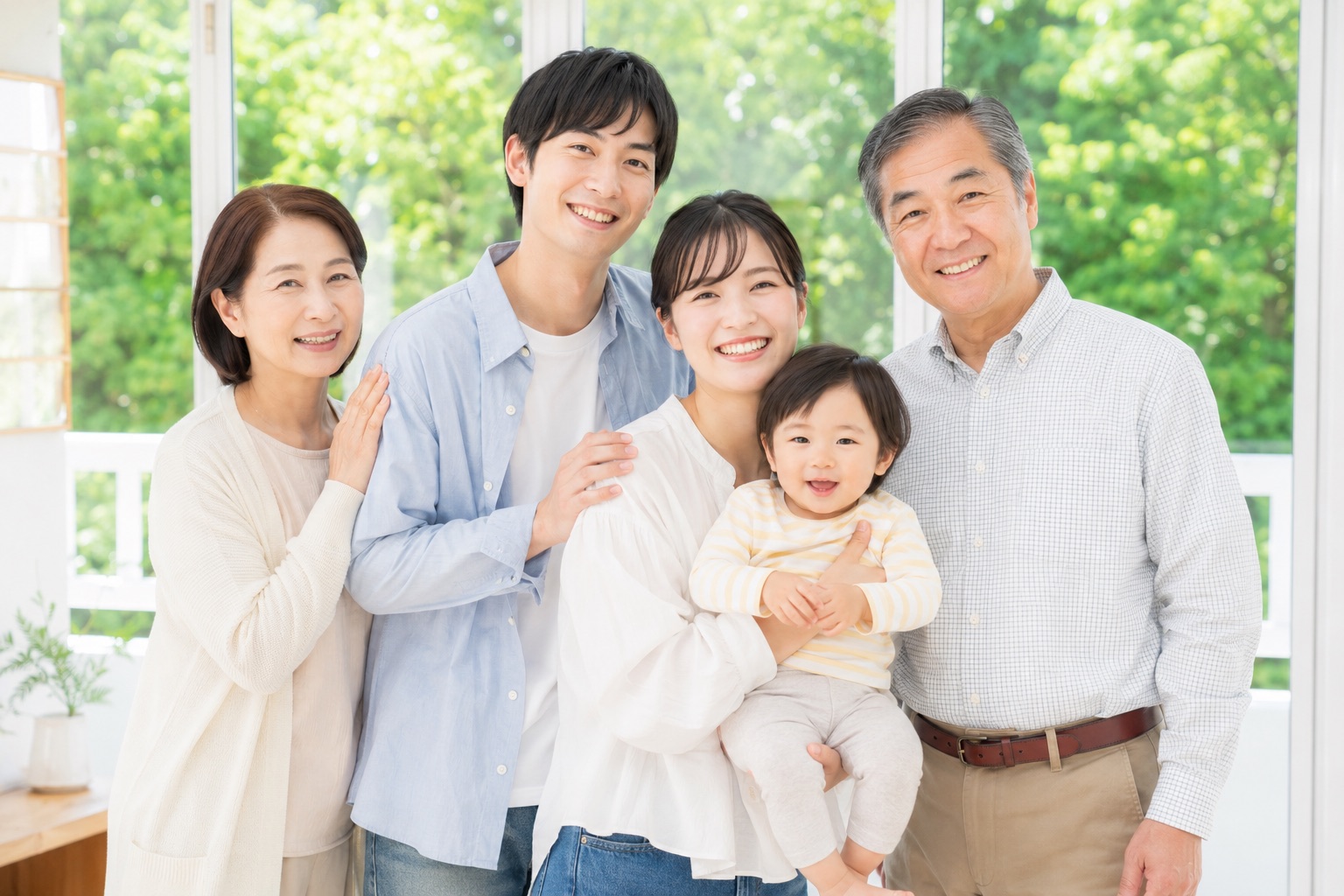 明るい窓辺で寄り添う三世代のご家族のイメージ写真